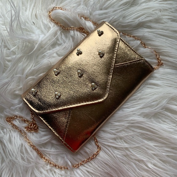 Icing Handbags - Rose Gold Bejeweled Clutch with chain strap